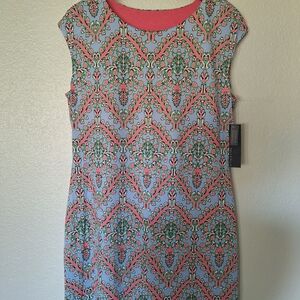 Nally & Millie Coral and Aqua Floral Cap-Sleeve Sheath